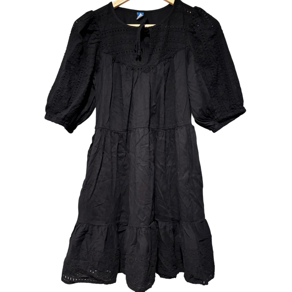 Old Navy Puff-Sleeve Tiered Embroidered Black Mini Swing Dress Size Small